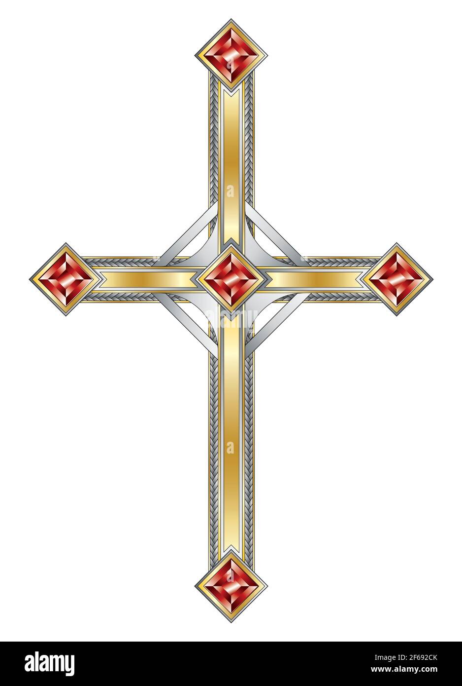 Catholic silver and gold cross with rubies in the style of American old school tattoos Stock Vector