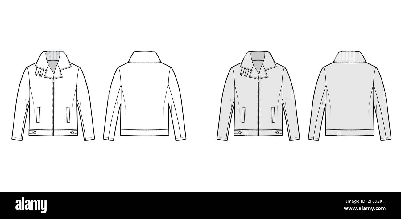 Zip-up Bomber leather jacket technical fashion illustration with tabs, oversized, thick collar, long sleeves, welt pockets. Flat coat front, back white, grey color style. Women men unisex CAD mockup Stock Vector