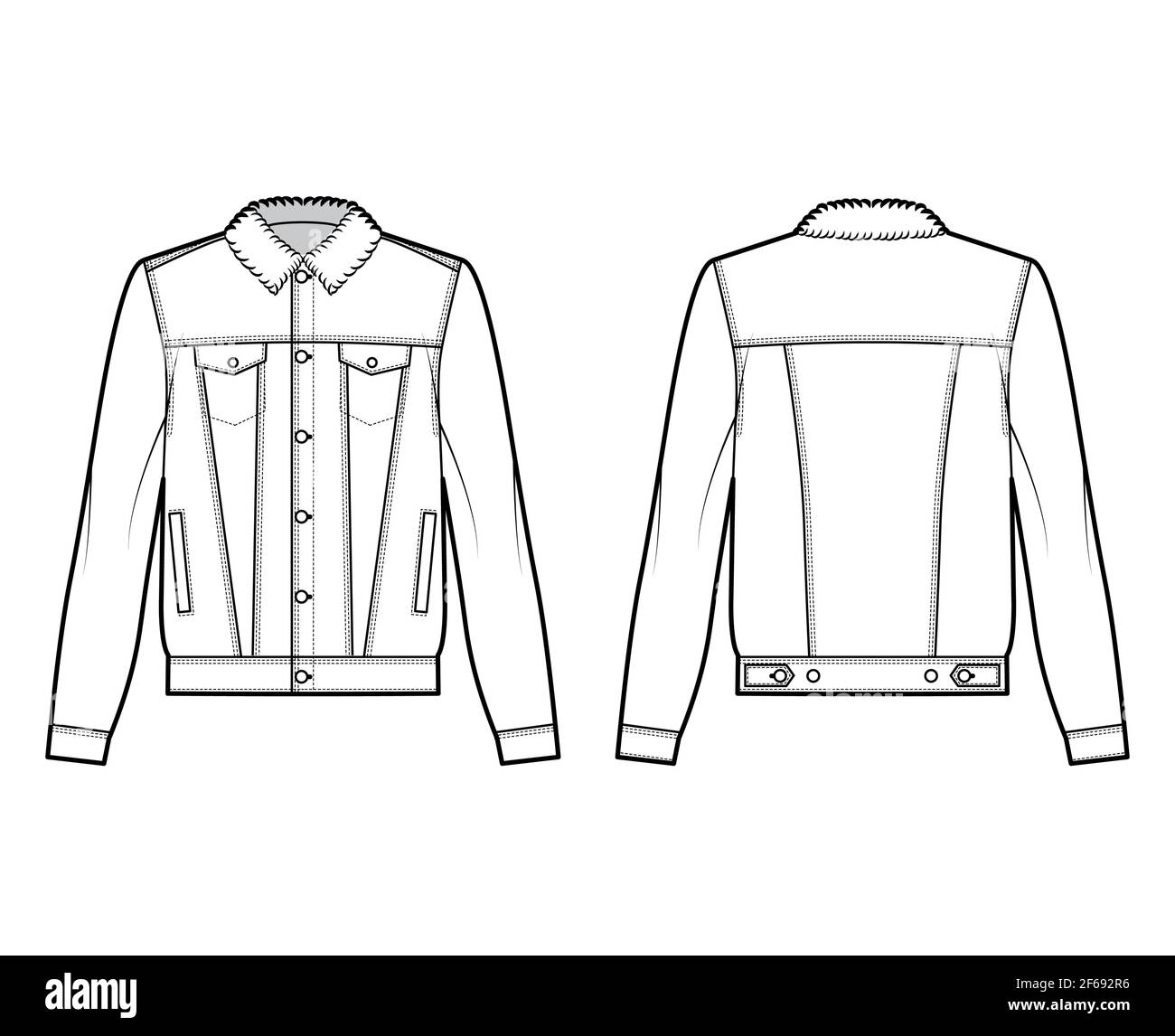 Sherpa lined denim jacket technical fashion illustration with oversized body, flap welt pockets, button closure, long sleeves. Flat apparel front, back, white color style. Women, men unisex CAD mockup Stock Vector