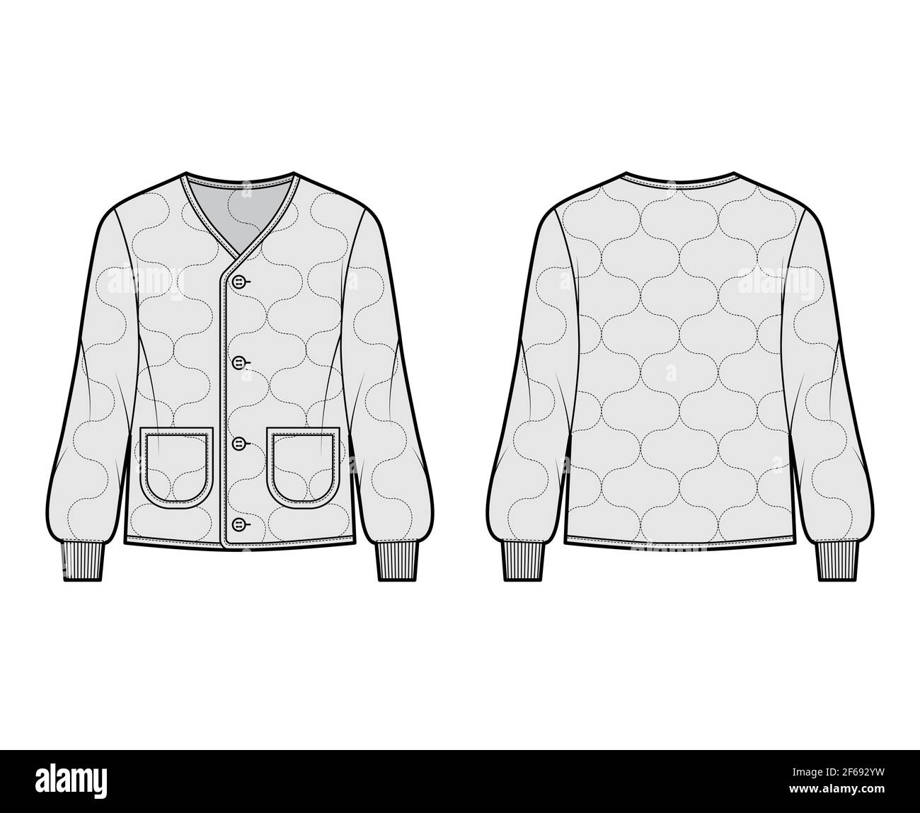 ALS 92 field jacket liner technical fashion illustration with oversized, long sleeves, oval patch pockets, Onion quilted shell. Flat coat template front, back, grey color style. Women men CAD mockup Stock Vector