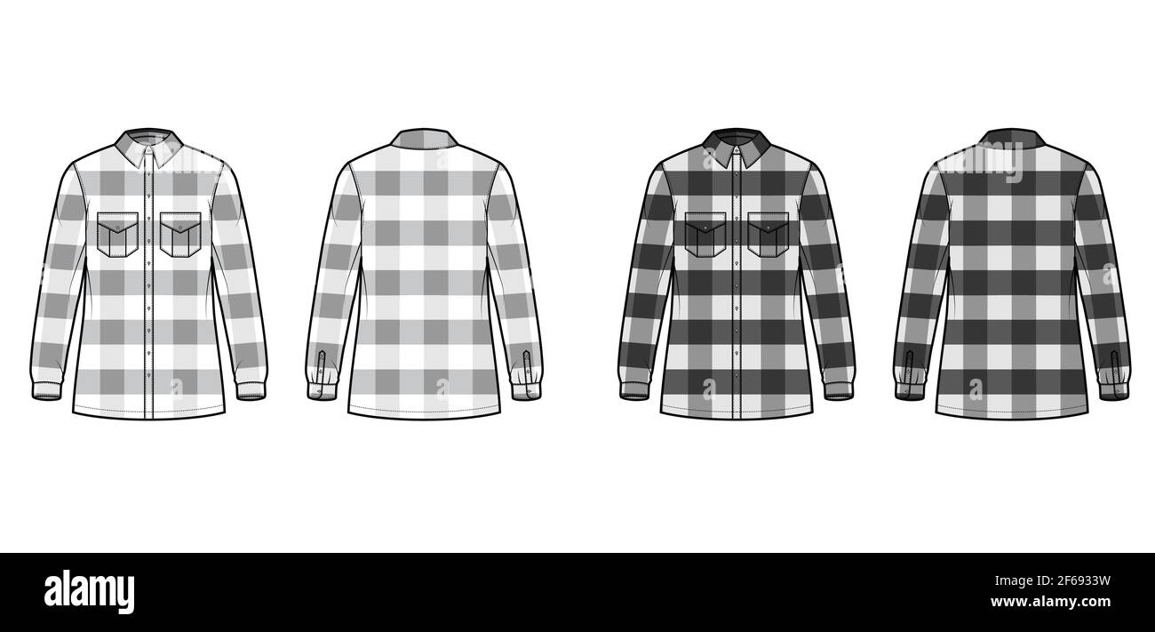 Lumber jacket technical fashion illustration with Buffalo Check motif, oversized body, flap pockets, long sleeves. Flat apparel front, back, white, grey color style. Women, men unisex CAD mockup Stock Vector