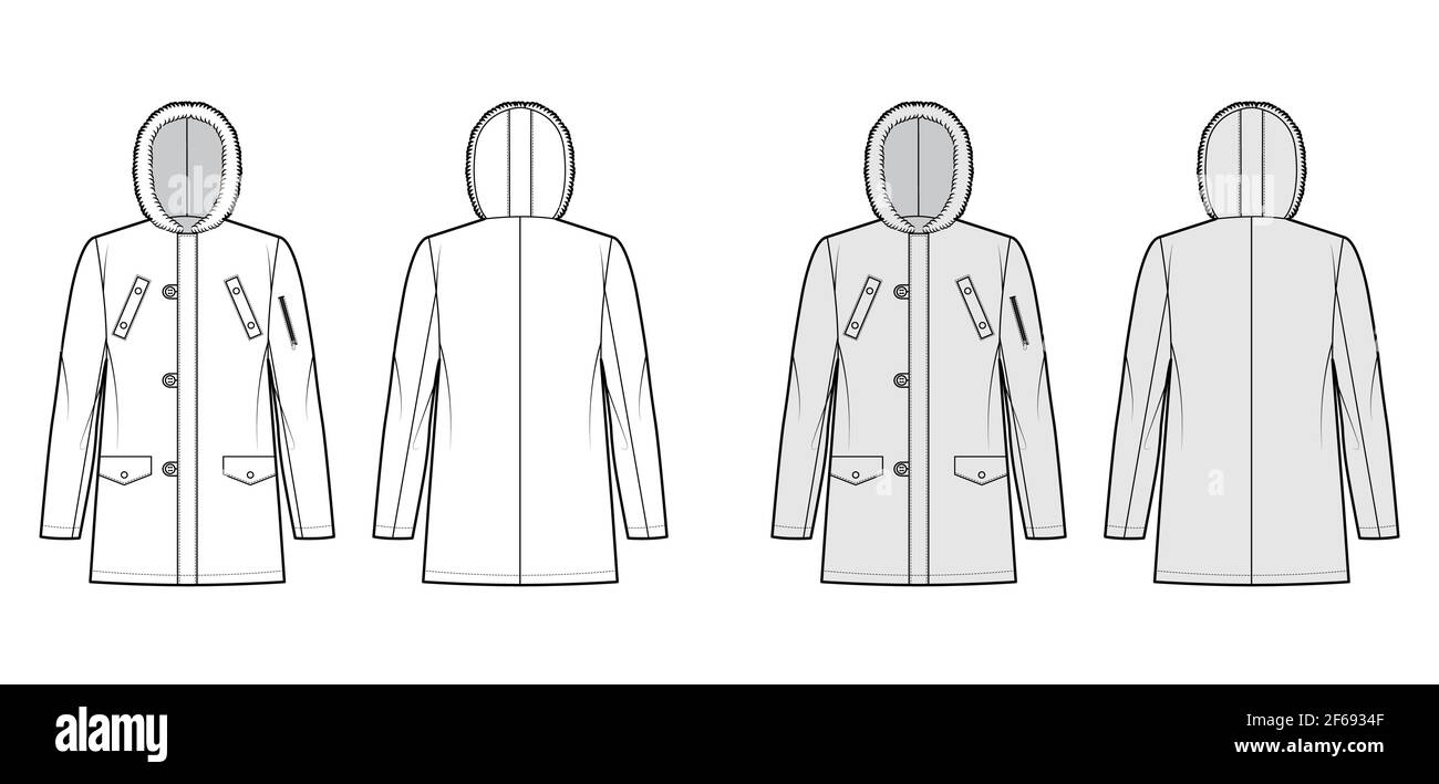 N-3B flight parka technical fashion illustration with oversized, fur hood, long sleeves, flap pockets, button loop opening. Flat coat template front, back white grey color style. Women men CAD mockup Stock Vector