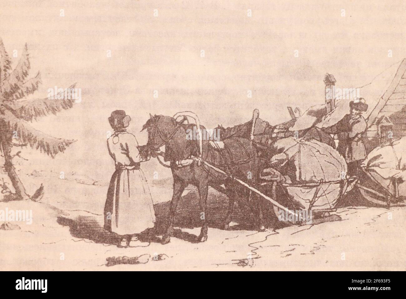 Peasant wagon train with goods. Engraving of 1803. Stock Photo