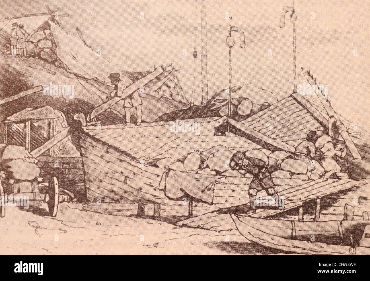 Unloading the barge with bread in Russian Empire. Engraving of 1803. Stock Photo