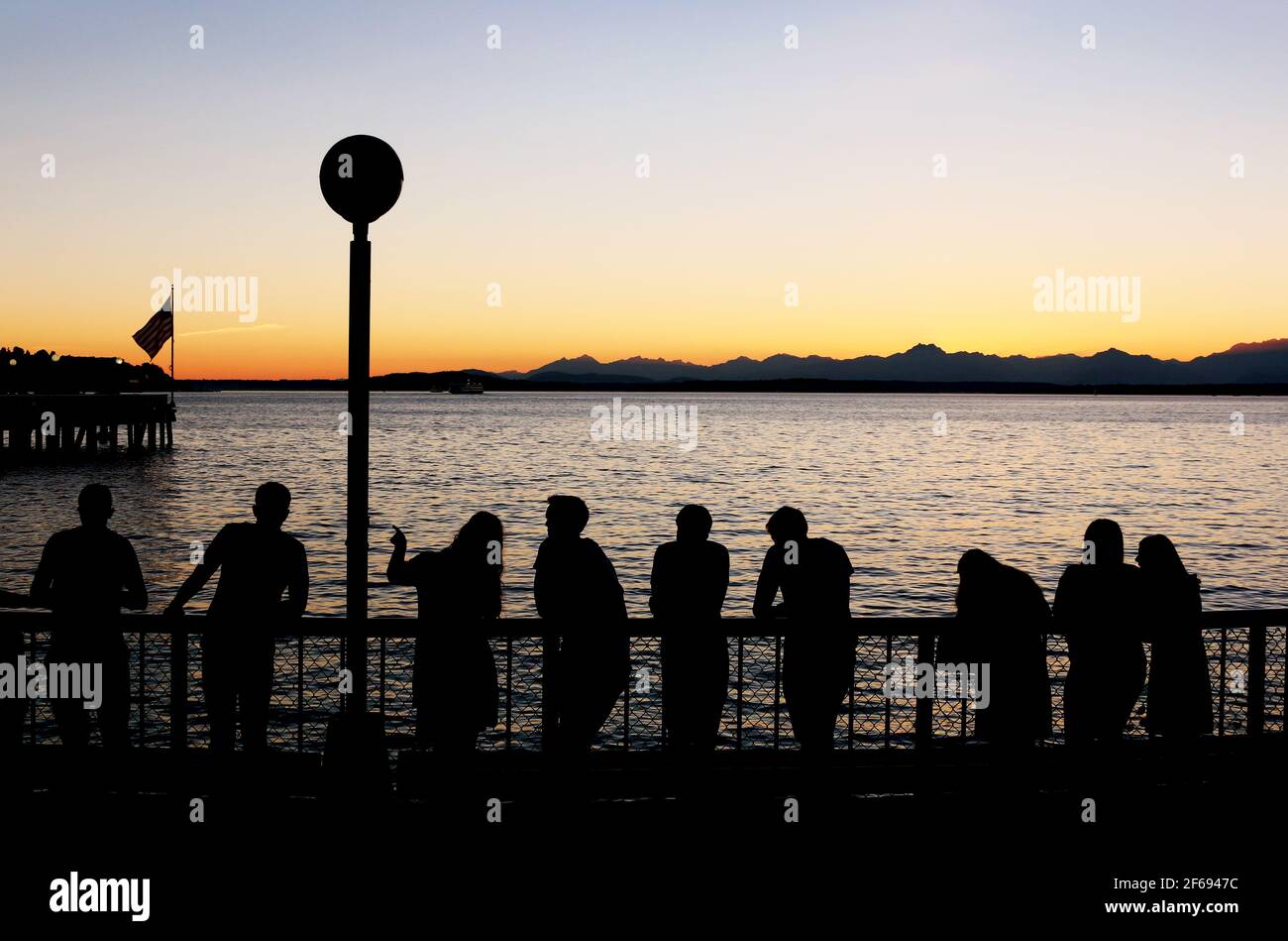 Sunset at Waterfront Park in Seattle, Washington. Stock Photo