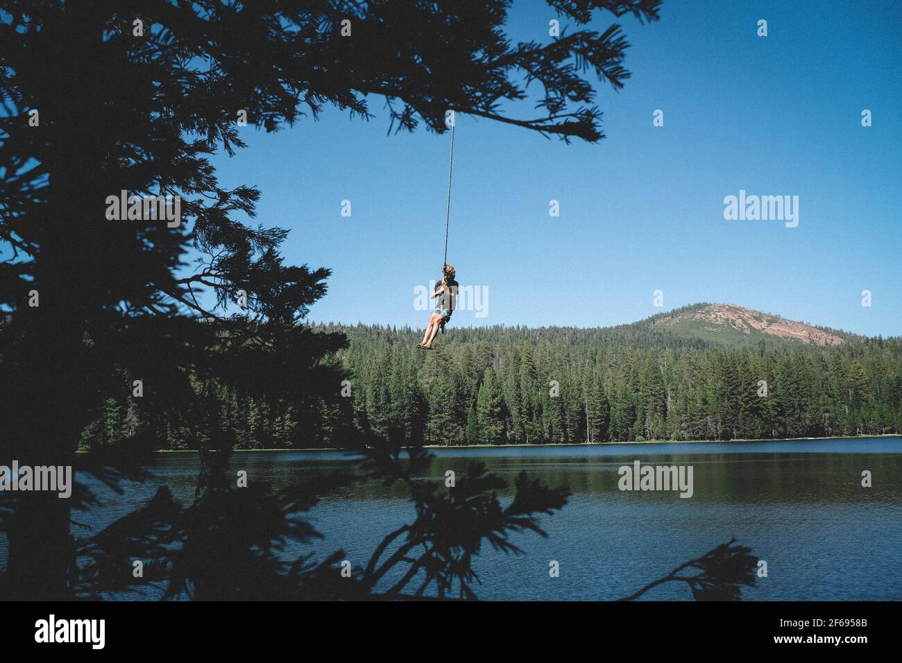 Boy Swings Out High Above the Water on a Rope Swing Stock Photo