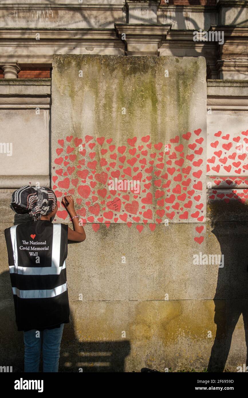 Day 2 of the National Covid Memorial Wall; More hearts have been added and more names have been included as a dedication to those who passed from Corona Stock Photo