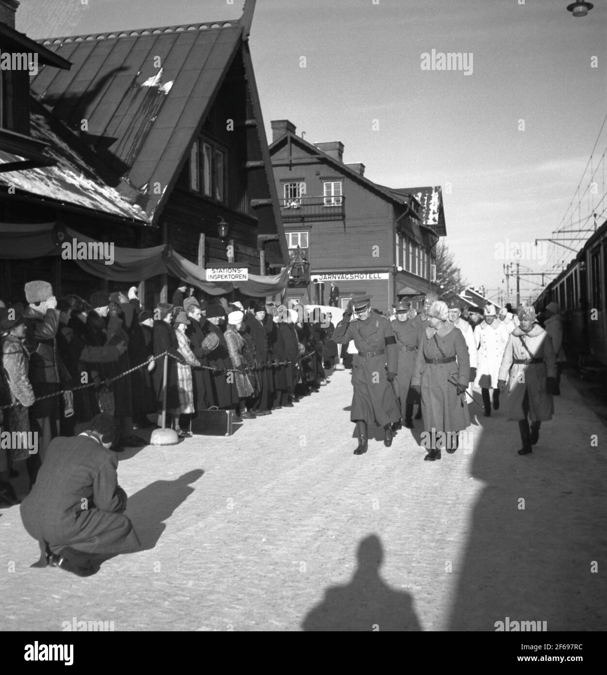 Boden's central station. Inauguration of the electric operation Longsele Boden. Norrbotten's regimented parade for Crown Prince Gustaf Adolf. Stock Photo