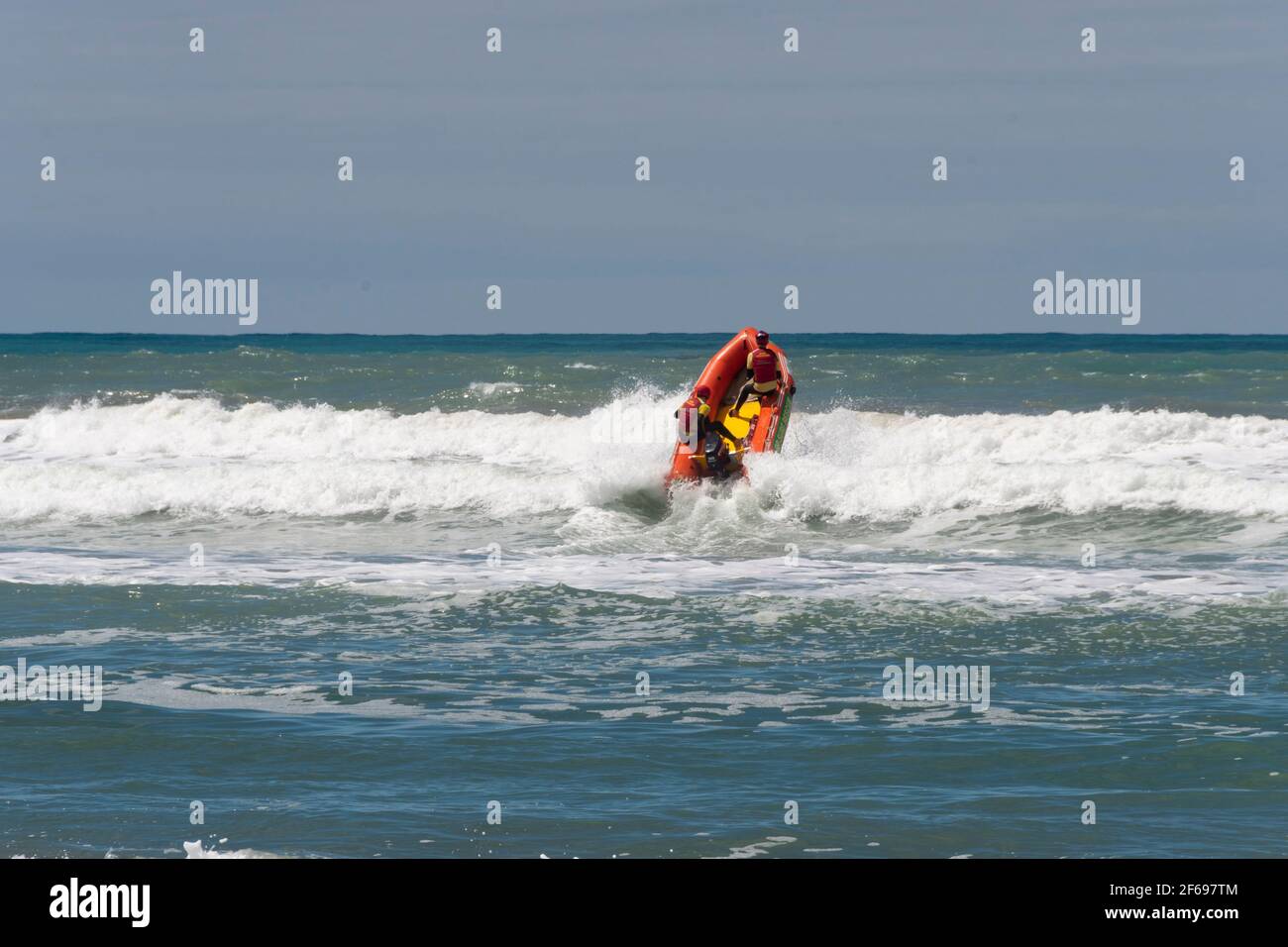 Surf lifesavers and rescue boat at Riversdale beach, Wairarapa, North