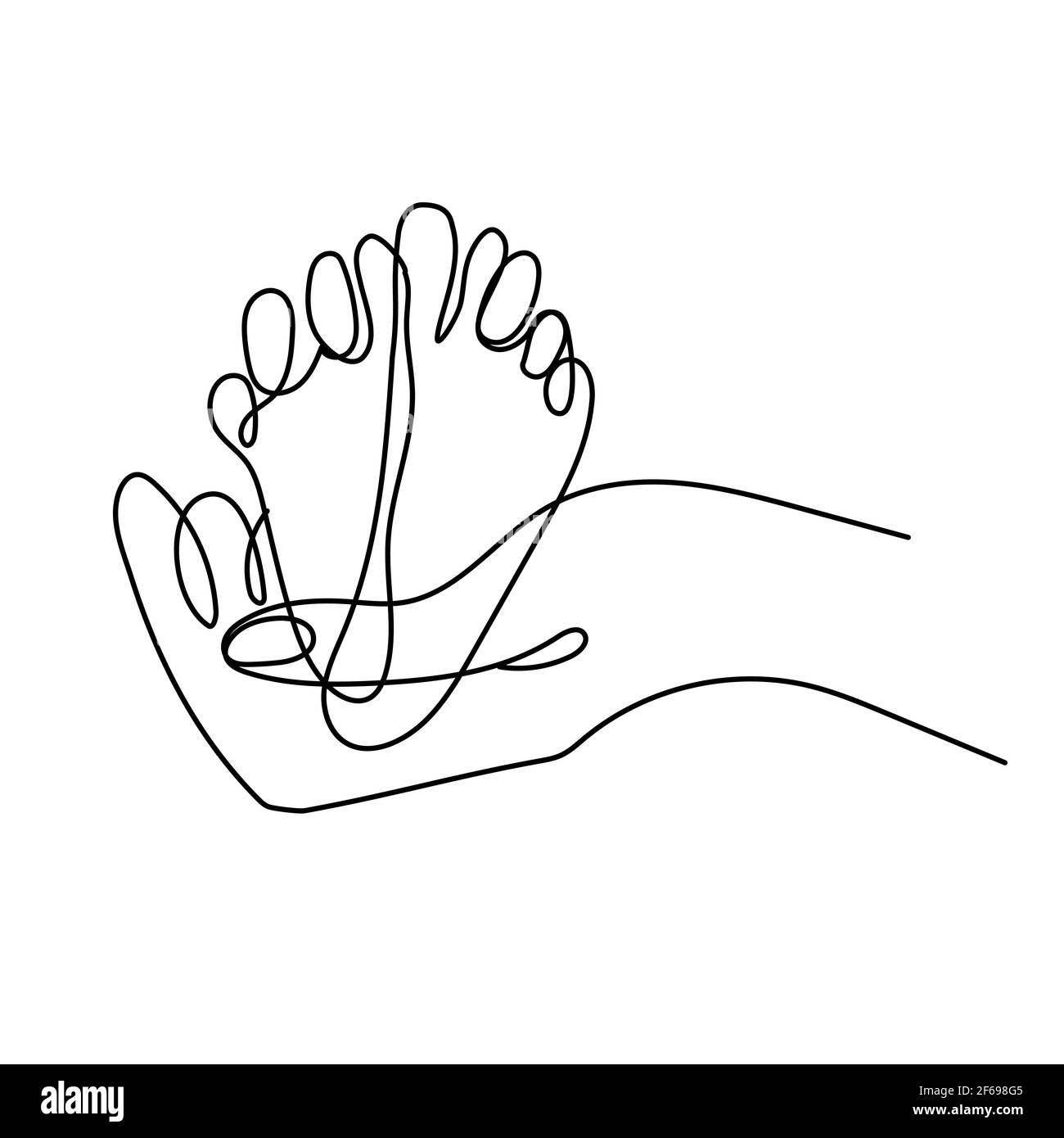 Sign of an adult parents hand holding a small childs heels. Simple line art vector illustration Stock Vector