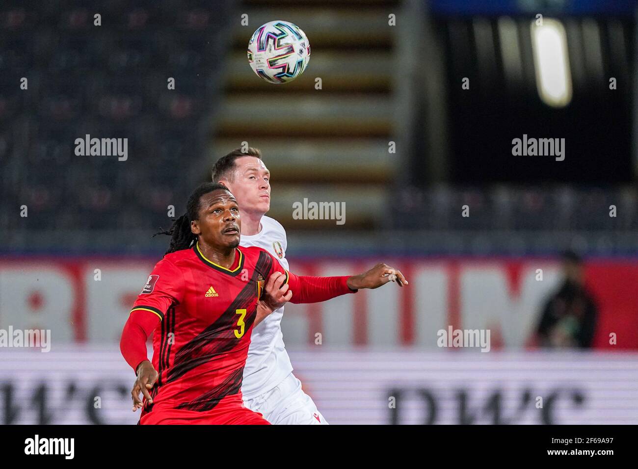 BUDAPEST, HUNGARY - AUGUST 13: (l-r) Tokmac Chol Nguen of Ferencvarosi TC  wins the ball from Arijan Ademi of GNK Dinamo Zagreb during the UEFA  Champions League Third Qualifying Round match between