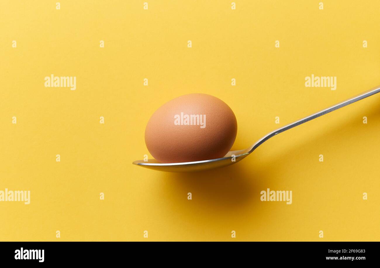 single brown chicken egg in a spoon on yellow background Stock Photo