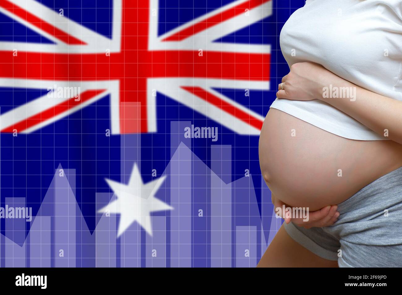 Fertility concept in the Commonwealth of Australia. Pregnant woman on the background of the flag with graphs Stock Photo