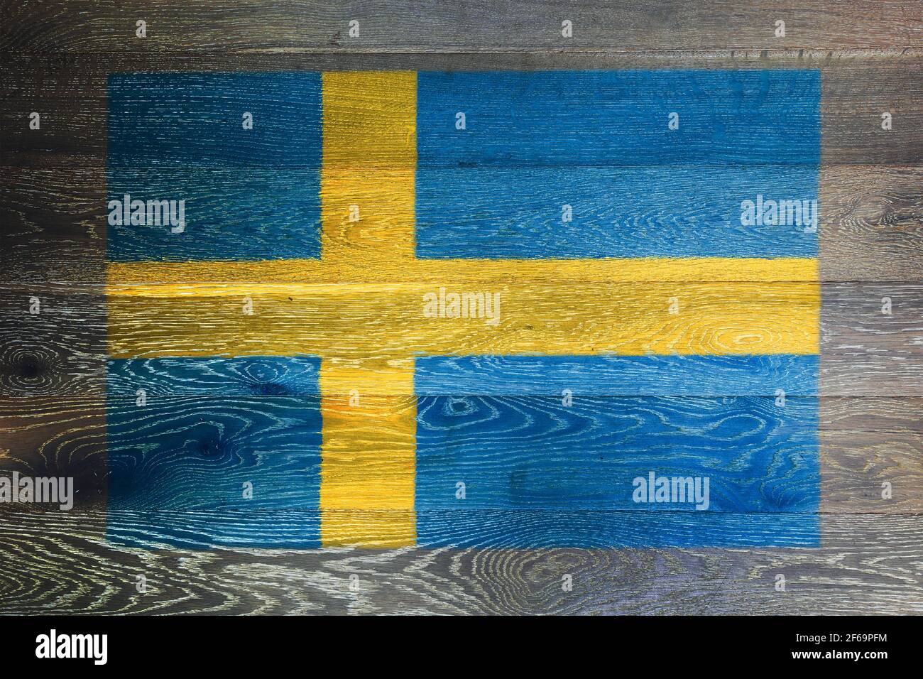 Sweden flag on rustic old wood surface background Stock Photo