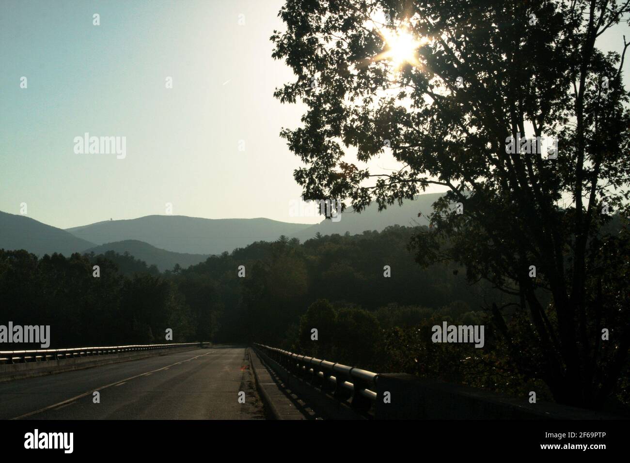 Road passing over a bridge in Virginia's Blue Ridge Mountains, USA. Blue Ridge Parkway. Stock Photo