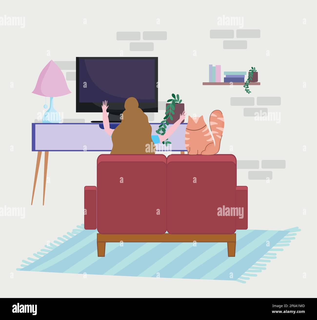woman with cat watching tv Stock Vector Image & Art Alamy