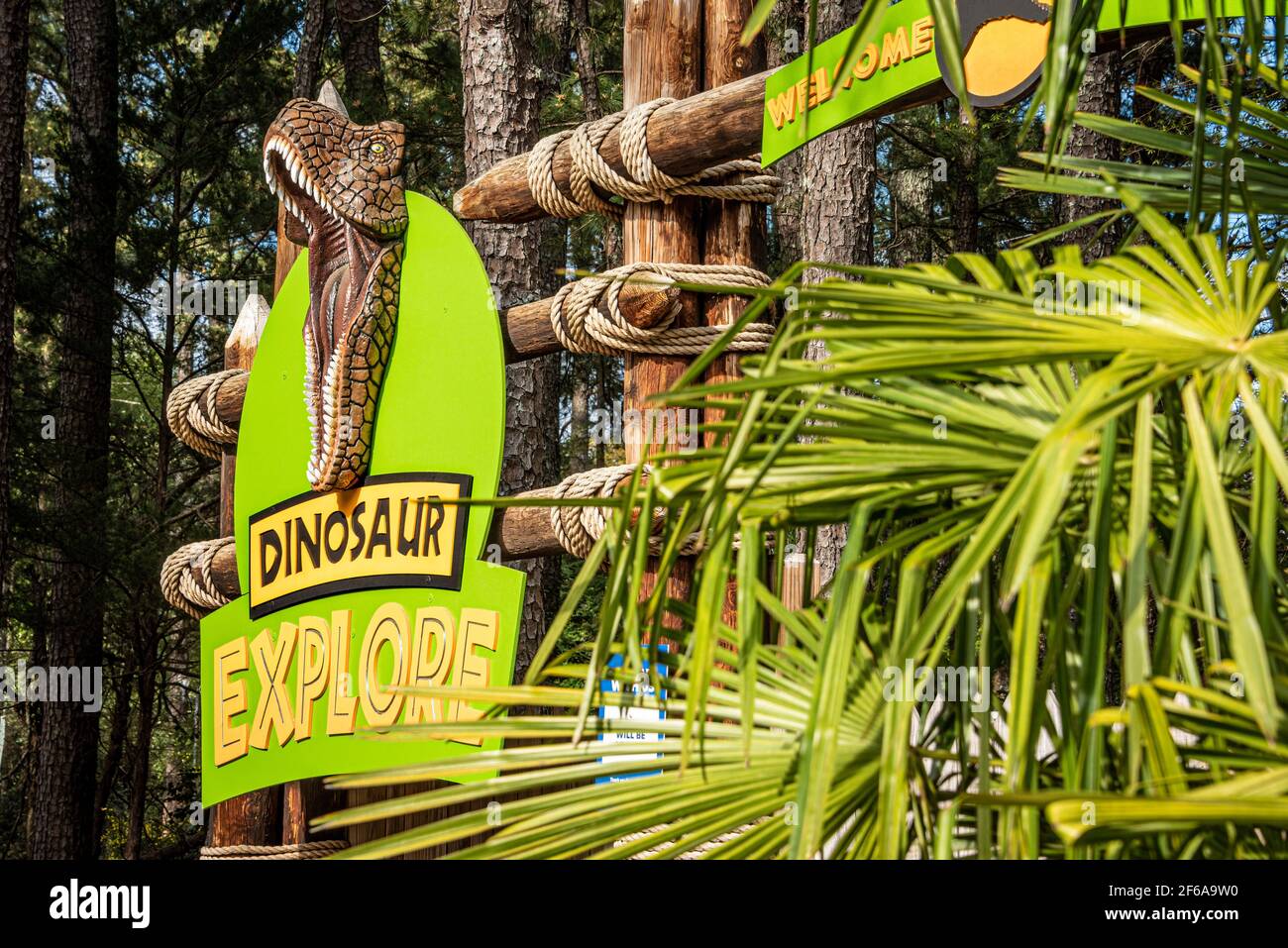 Entrance to the Dinosaur Explore attraction, with life-size, interactive dinosaurs, at Stone Mountain Park in Atlanta, Georgia. (USA) Stock Photo