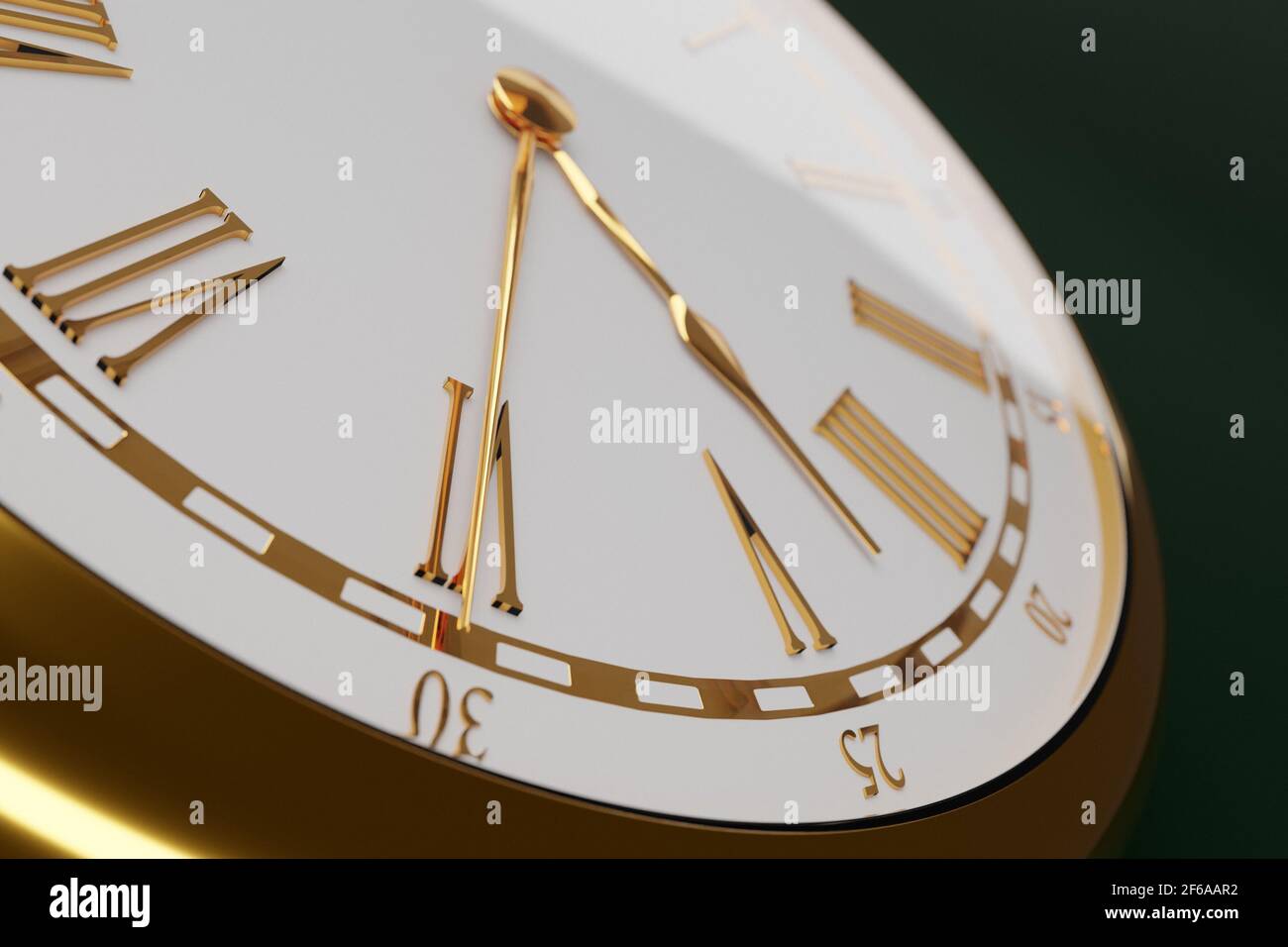 3d illustration close up of antique golden round clock on black ...
