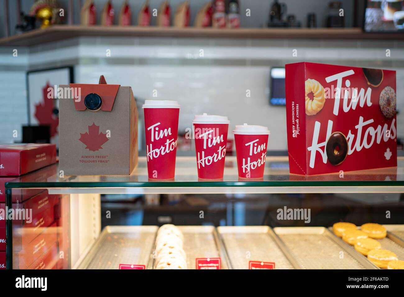 Bangkok, Thailand - June 13, 2020: Tim Hortons cups and packaging on the point of purchase. Stock Photo