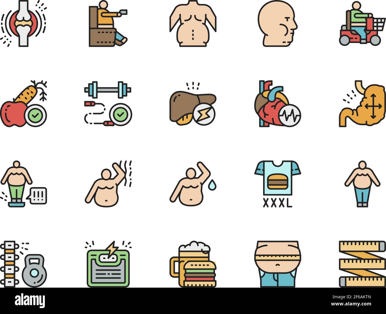 Set of Obesity Flat Color Line Icons. Fat Face, Junk Food, Diet and more. Stock Vector