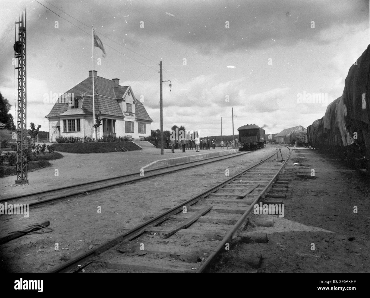The railway station in Dalsjöfors, landscaped by Borås - Ulricehamn Railway 1917. The station house was demolished and replaced with a bus for 1982. Stock Photo