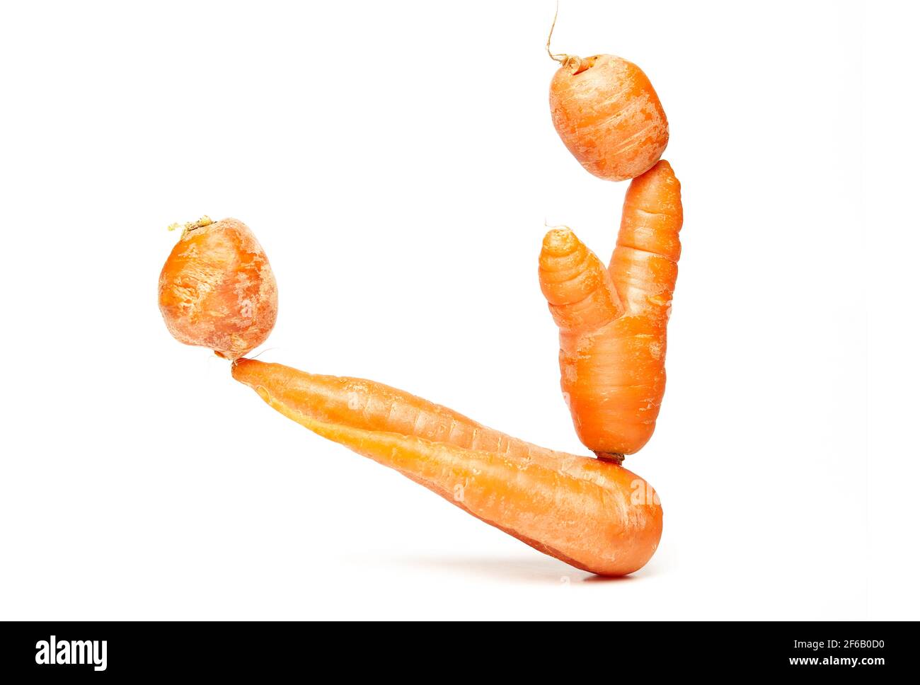 Fresh natural ugly raw carrots isolated on white background. Balancing carrots, healthy nutrition concept Stock Photo