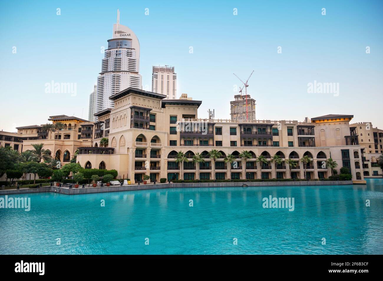 7th JAN 2021,Dubai,UAE . Beautiful view of the souk al bahar ,the dubai mall, hotels and other buildings captured at the recreational boulevard area Stock Photo