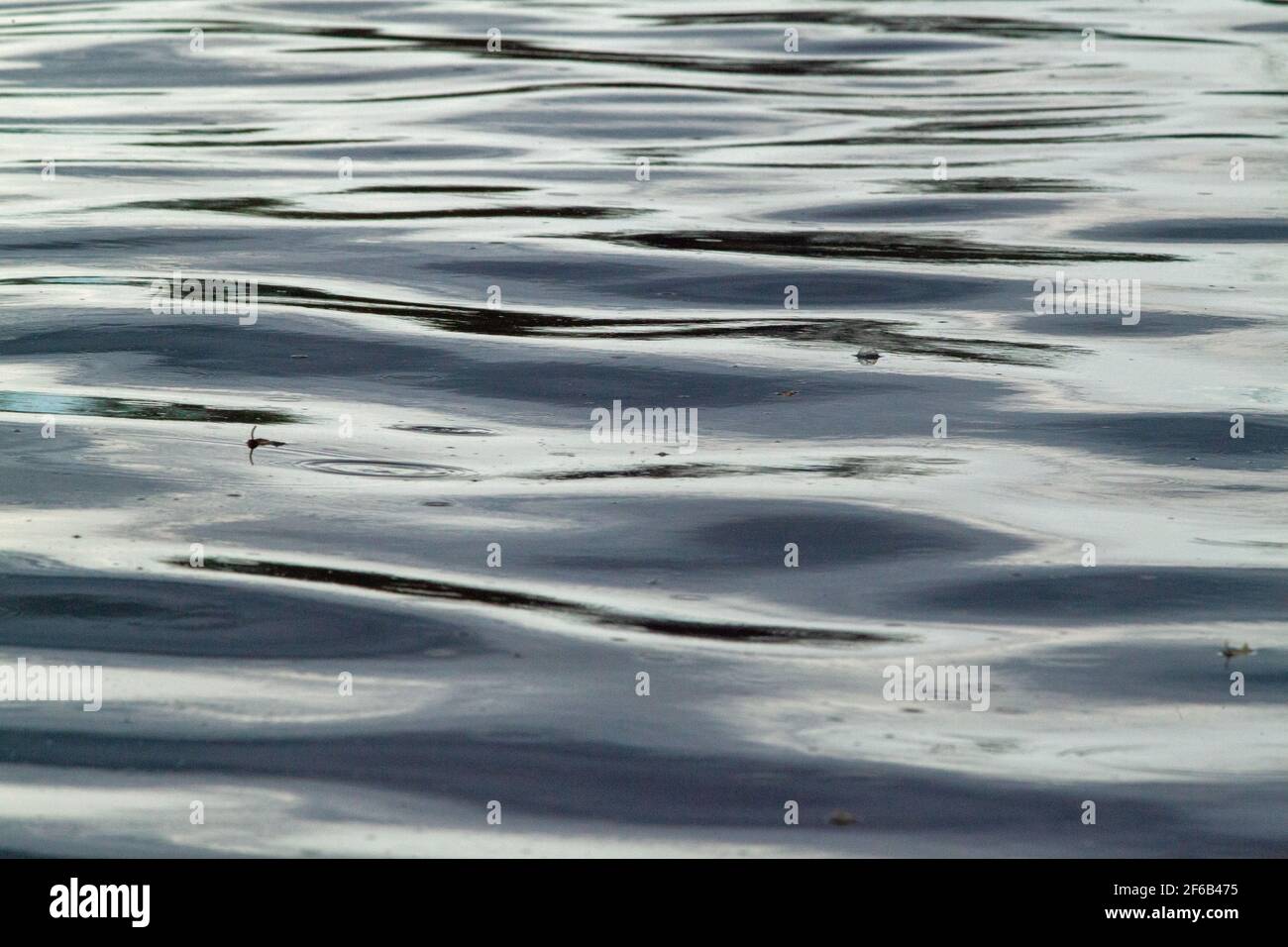 Patterns, shapes, created, formed, forming, evolving, from continuous, continuing, falling raindrops on a flowing river surface. Highlight, highlights Stock Photo