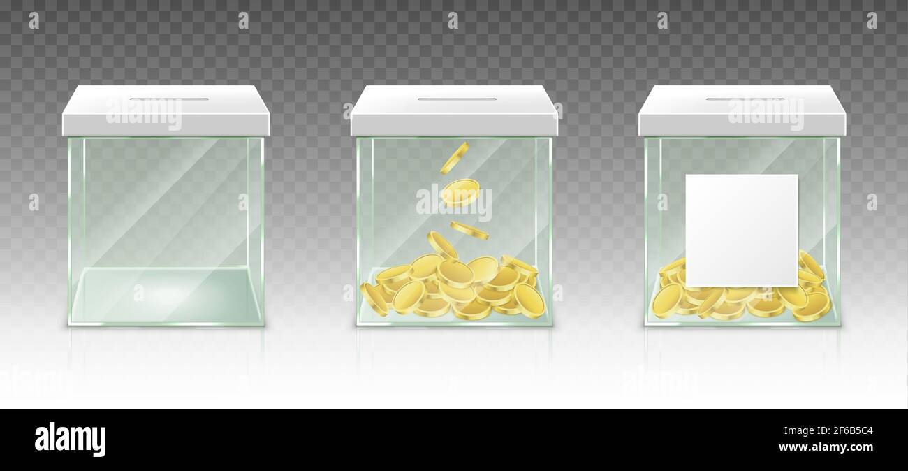 Glass money box for tips, savings or donations isolated on transparent background. Vector realistic set of 3d clear acrylic jar with gold coins and white blank label for pension fund, charity donate Stock Vector