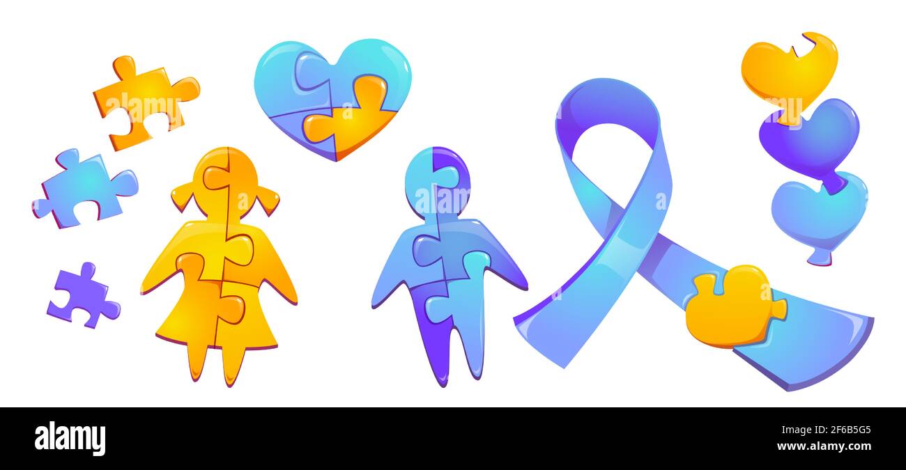 Set autism world day awareness, colorful puzzle pieces, child girl and boy silhouette, heart figure and blue ribbon isolated on white background, international solidarity cartoon symbols vector icons Stock Vector