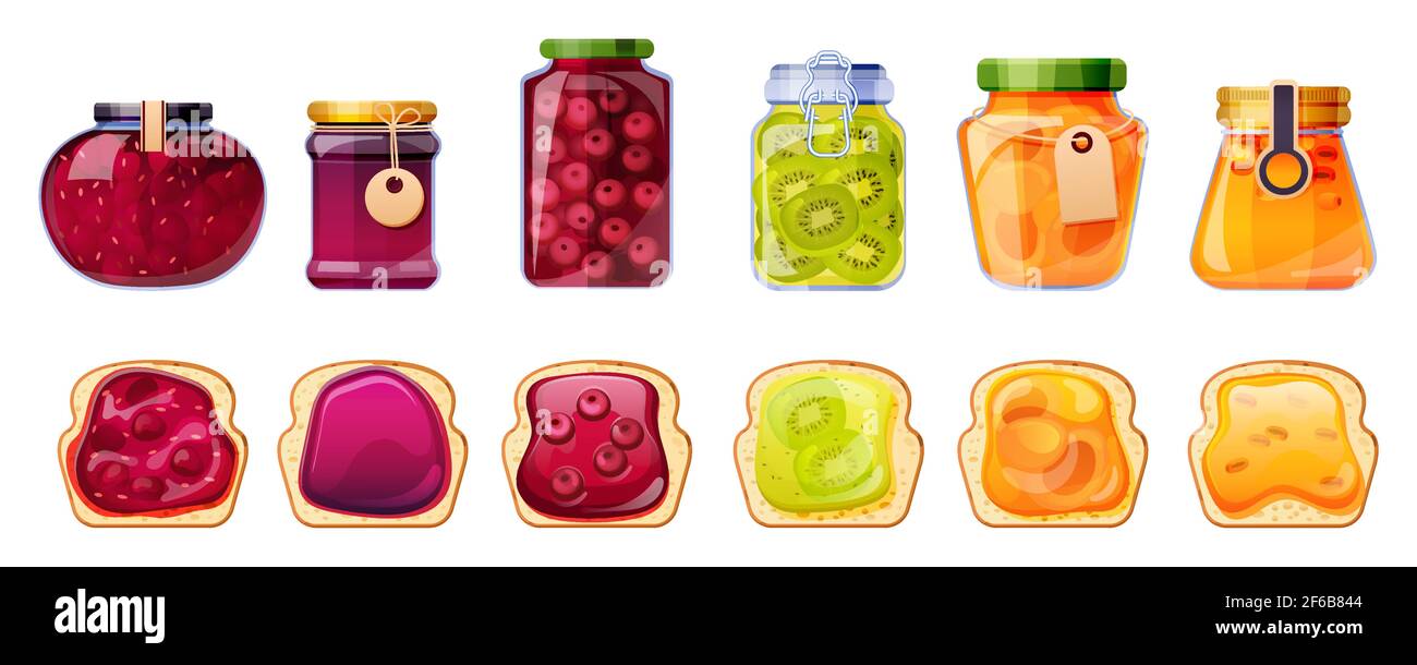 Jam jars and bread toasts, glass containers with fruit jelly of peach, apricot, sea buckthorn, cherry and kiwi or strawberry. Colorful gelatin marmalade in packs, preserve tubes, Cartoon vector set Stock Vector