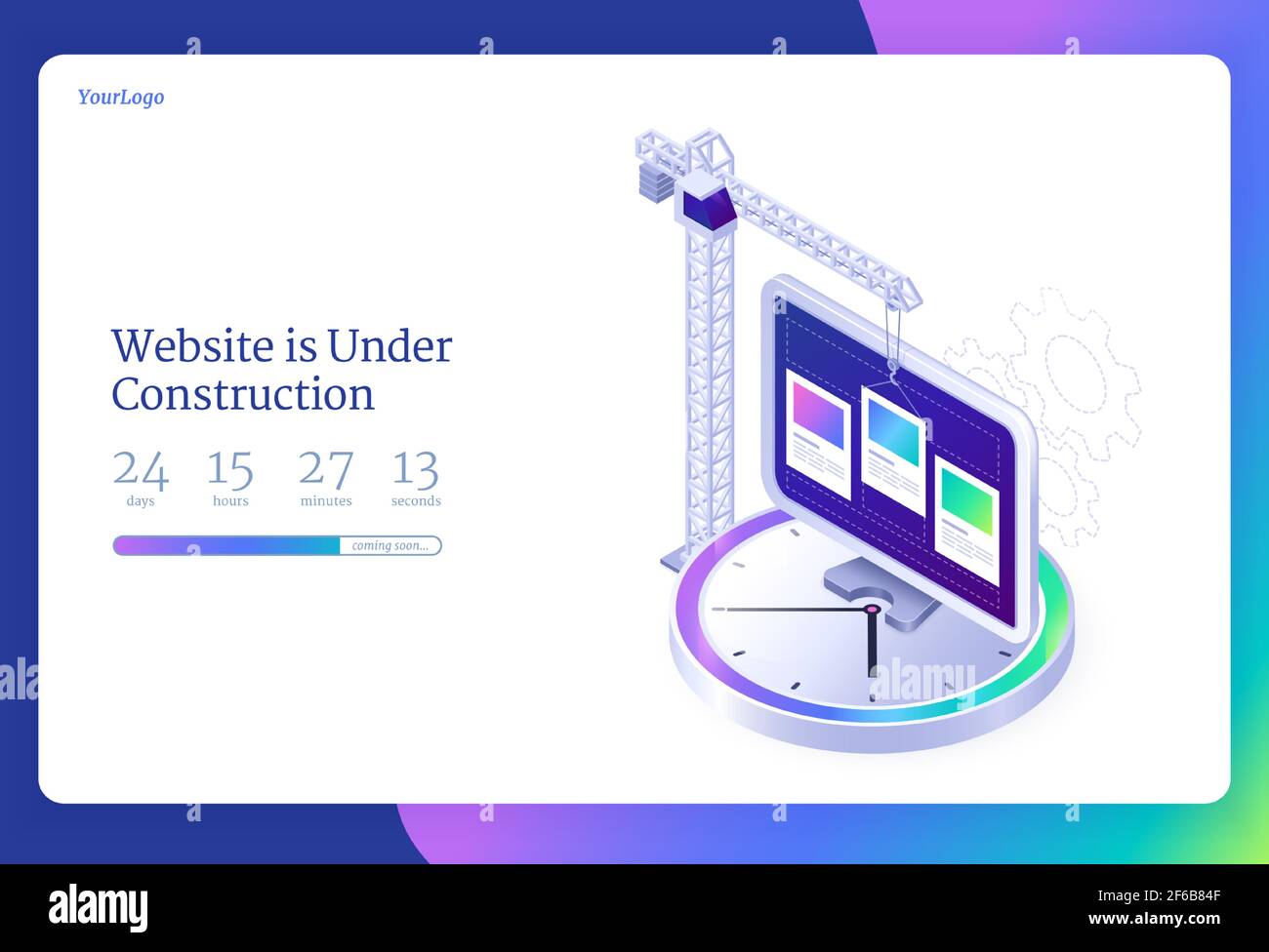 Website under construction isometric landing page. Internet software maintenance with countdown, webpage update, repair or development. Building crane and pc desktop on huge clock 3d vector web banner Stock Vector