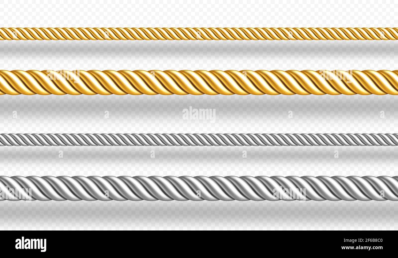 Gold and silver ropes, twisted twines isolated on white background. Vector realistic set of 3d golden and metal satin cords. Decoration borders of straight silk strings Stock Vector