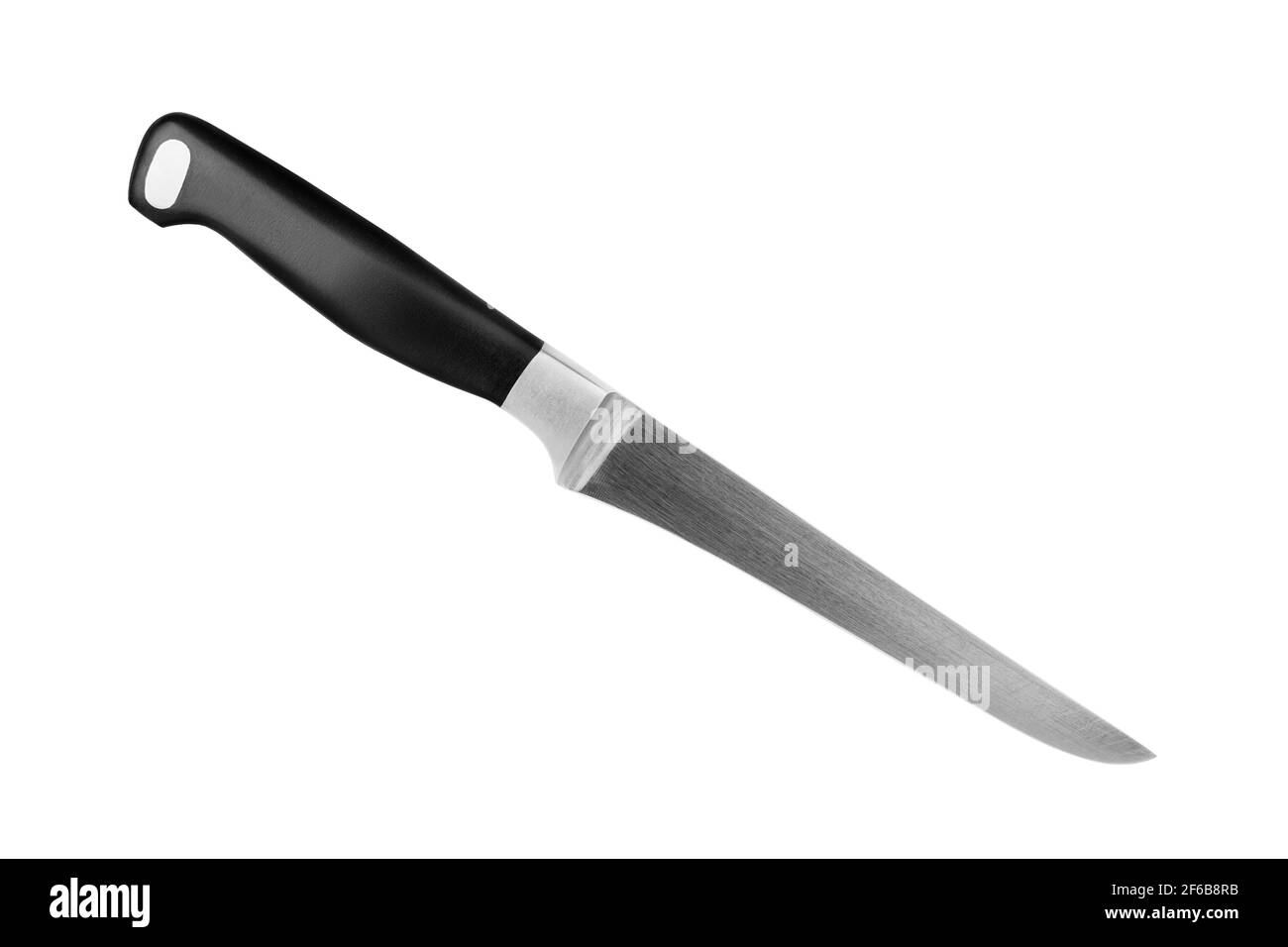 Steel carving knife with black plastic handle white background isolated close up, big metal chef knife, sharp stainless blade, paring knife, butcher Stock Photo