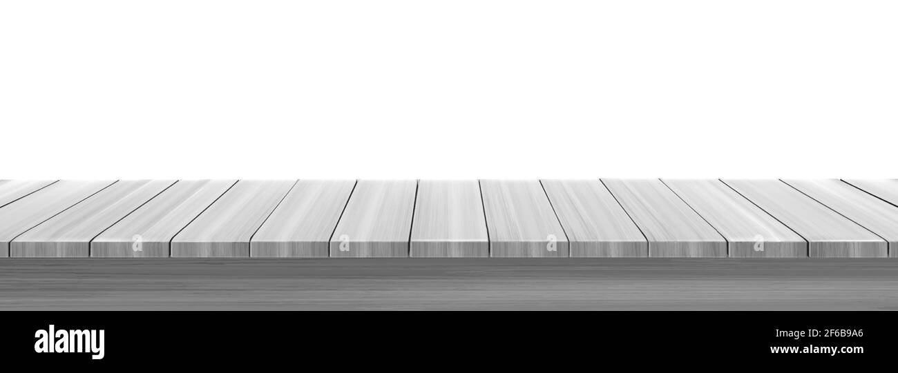 Wooden table top, desk or shelf isolated on white background. Vector realistic mockup of empty kitchen tabletop, bar counter or display stand from gray wood planks Stock Vector
