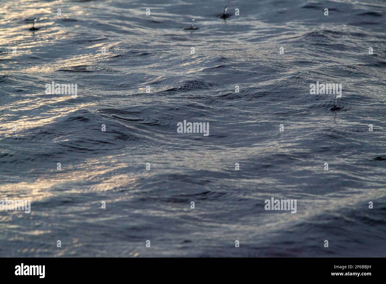Swelling, upwelling, transitory movements on a freshwater river surface. Textured side light waves with occasional bouncing raindrops. Mood changes. Stock Photo