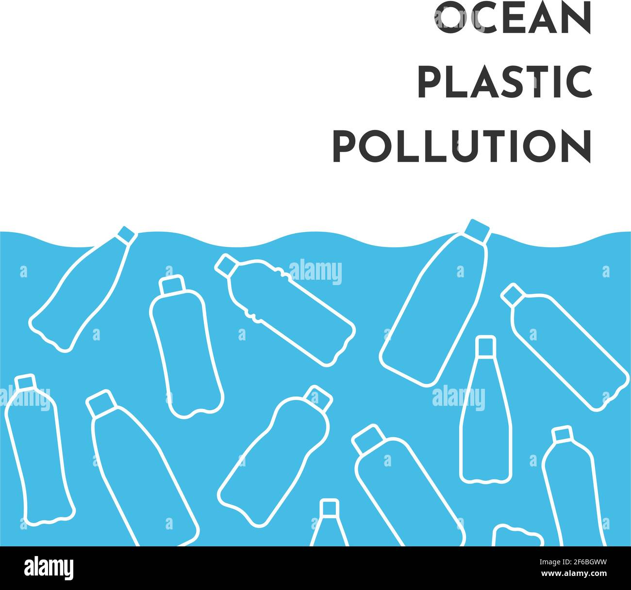 Vector illustration with isolated white outline icons of plastic bottles in the World ocean. Plastic pollution. Blue background. Stock Vector