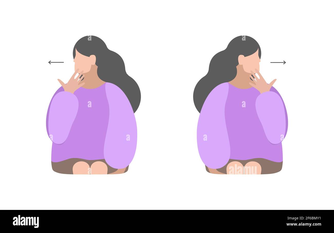Vector isolated illustration with girl. Neck exercises with turning head to the shoulder and fix it by hand. Then to other side. Creative concept. Stock Vector
