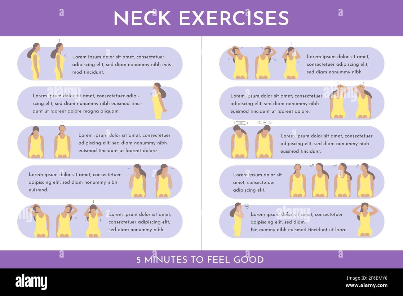Vector colorful illustration set with neck exercises by girl. Creative concept. Violet and yellow colors. Place for text Stock Vector