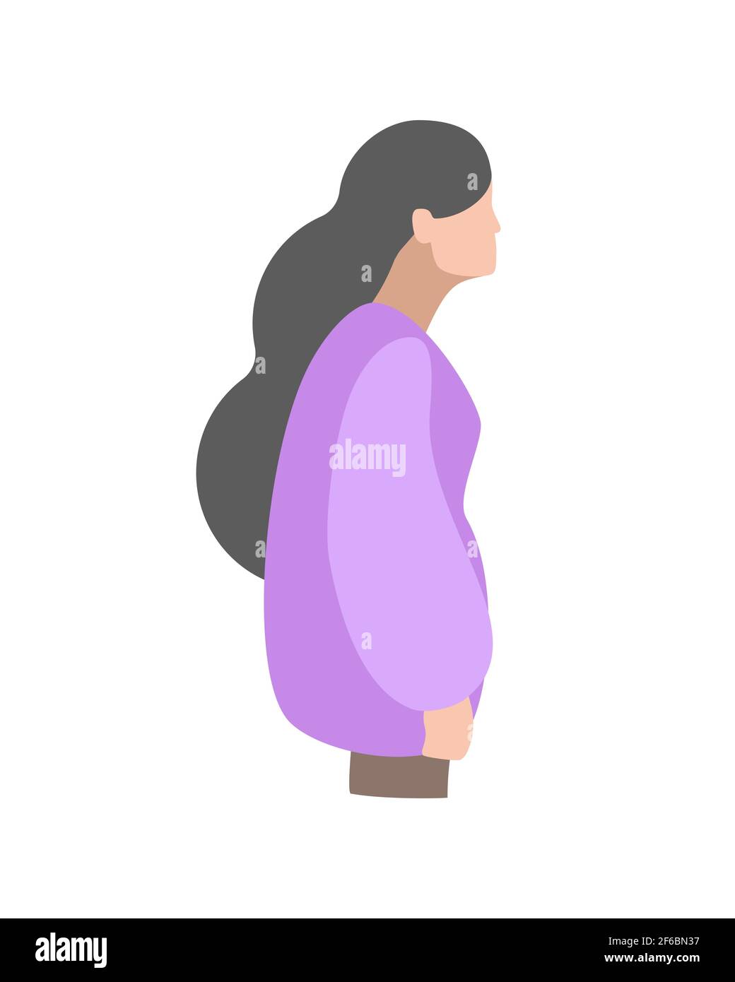 Vector isolated illustration with girl. Incorrect slouching posture. Creative concept. Purple colors. White background. Flat style Stock Vector