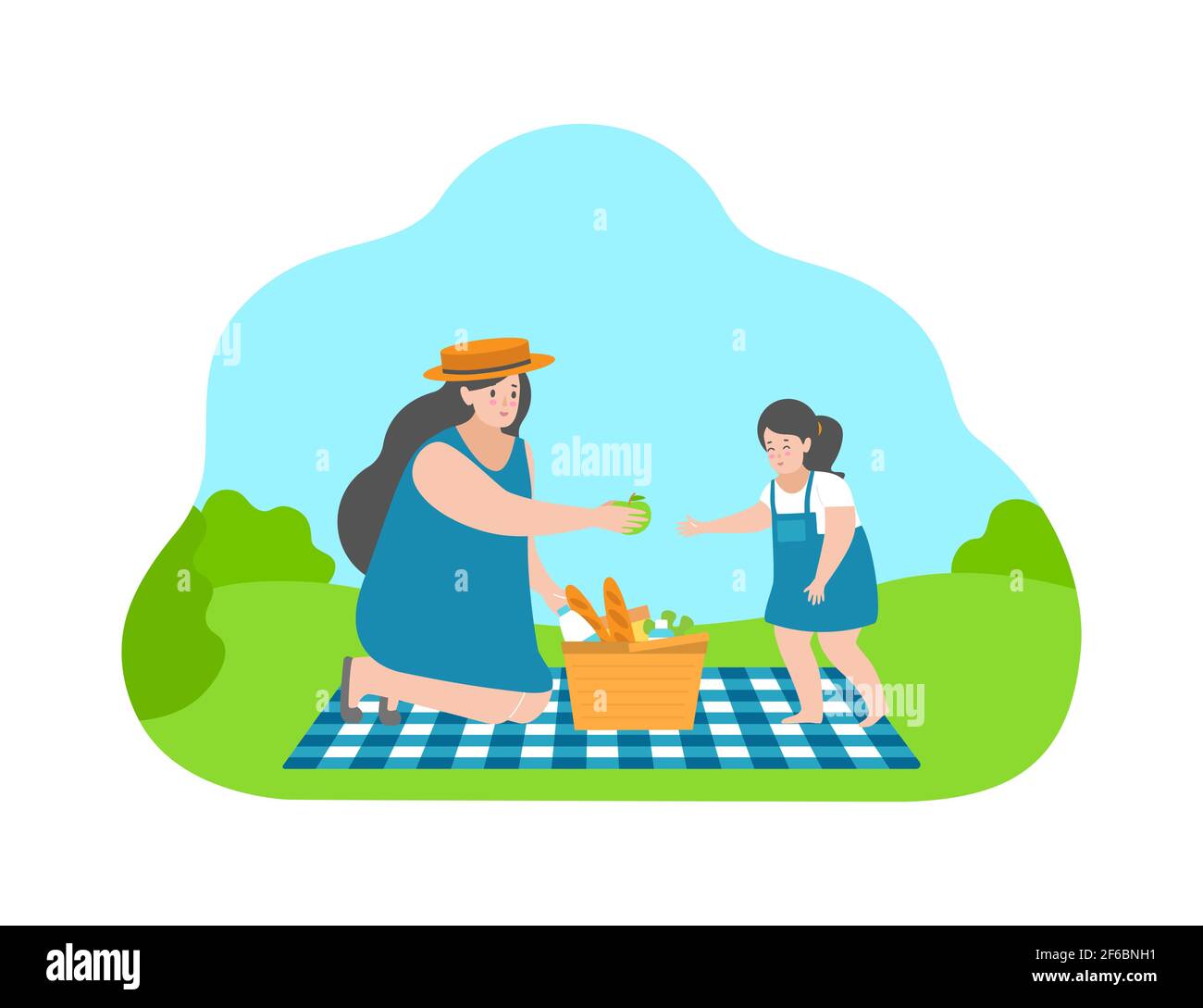 Vector illustration concept in flat cartoon style. Happy young adult mother sits on checkered plaid and gives cute daughter apple from picnic basket. Stock Vector