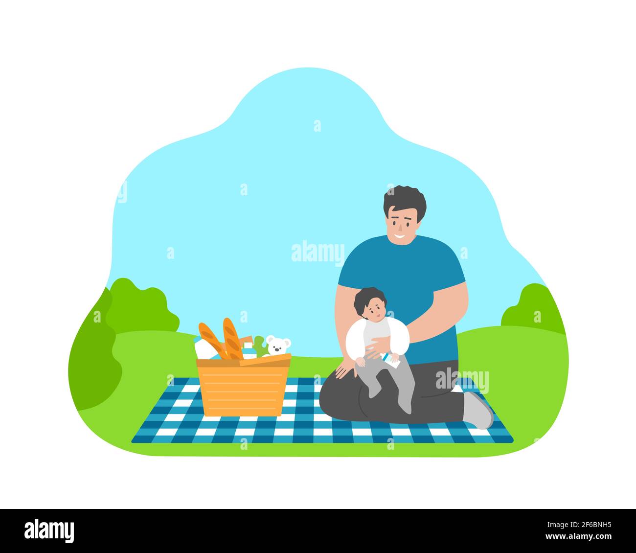 Isolated vector flat concept with cartoon Asian dad and son together. Father sits with little baby on the hands. Summer weekend on the picnic showing Stock Vector