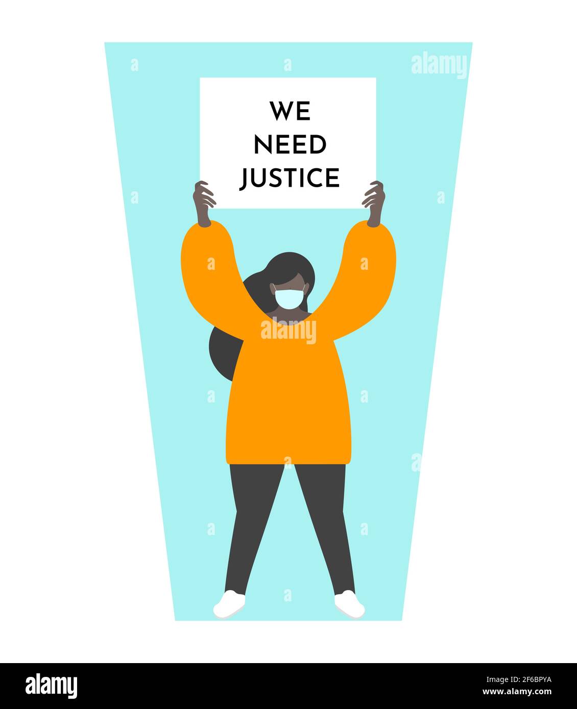 Vector illustration concept with dark skin girl holding broadsheet 'We need justice' on peaceful demonstration. Fighting for humanity rights when man Stock Vector