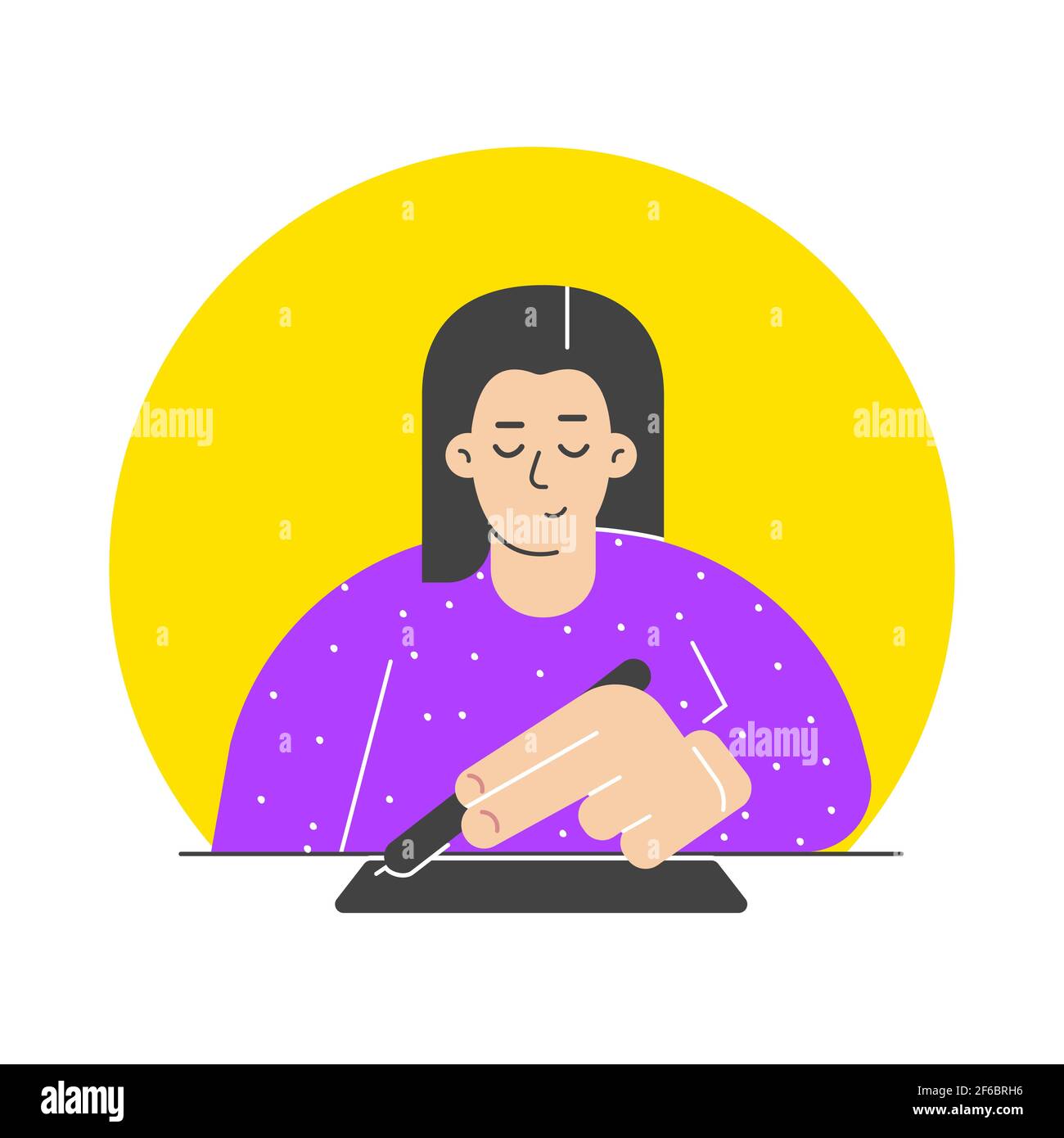 Vector isolated flat concept. Cartoon designer (girl) draws illustration using graphics tablet and stylus sitting at table. Learning new skills Stock Vector