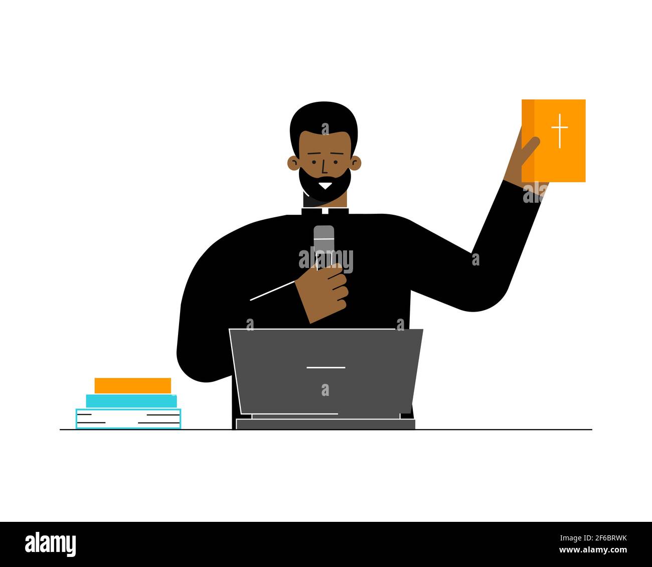 Vector flat concept. Catholic pastor is african american man. He preaches sermon using online conference on laptop. Priest holds Bible. Stream Stock Vector