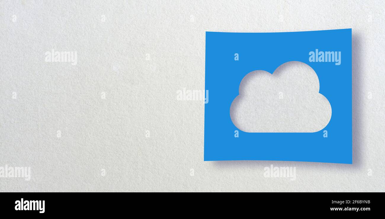 3D render icon collection: Cut out of a cloud symbol on blue square paper. White background. Smooth drop shadow and large copy space. Technology Stock Photo
