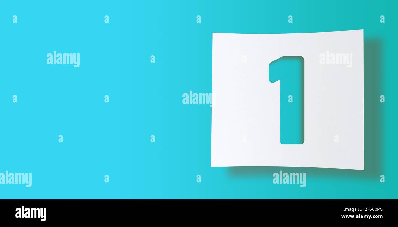 3D render numbers collection: No. 1, one, cut out on white square paper on turquoise background. Smooth drop shadow and large copy space. Illustration Stock Photo
