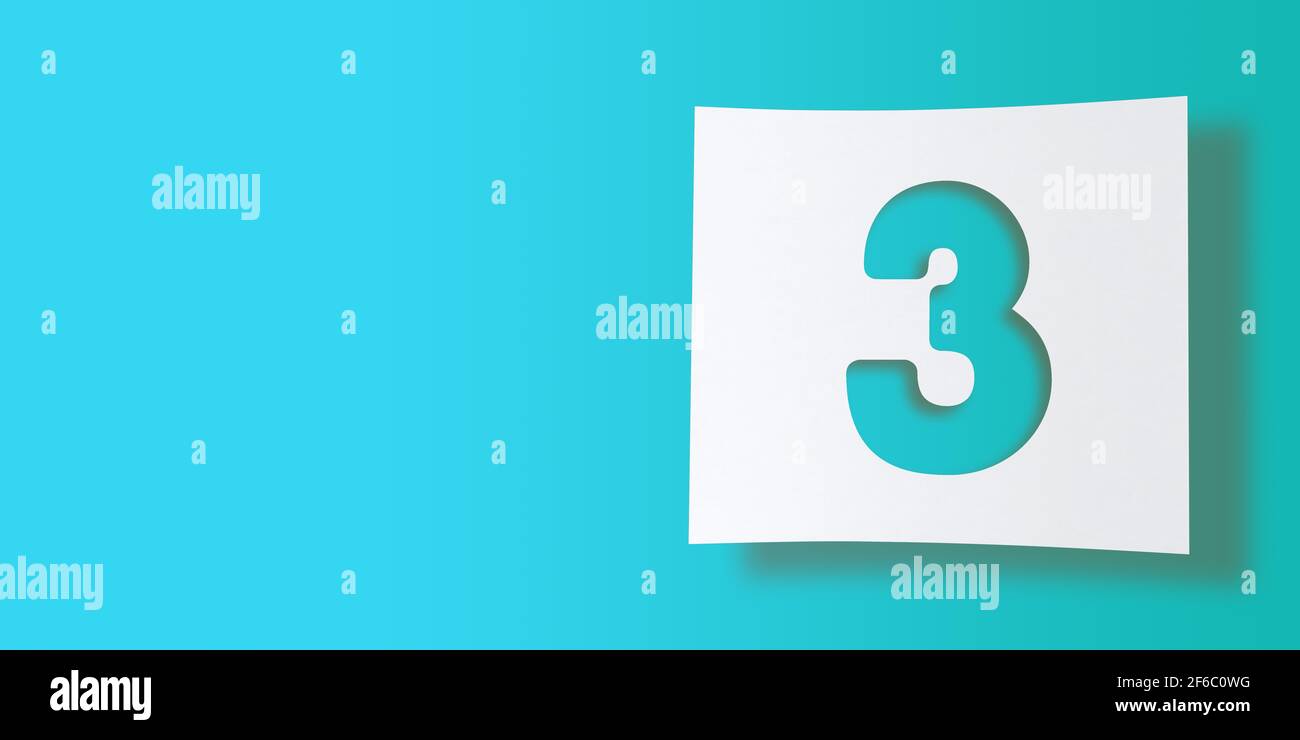 3D render numbers collection: No3, three, cut out on white square paper on turquoise background. Smooth drop shadow and large copy space. Illustration Stock Photo
