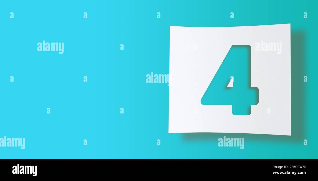 3D render numbers collection: No. 4,four, cut out on white square paper on turquoise background. Smooth drop shadow and large copy space. Illustration Stock Photo