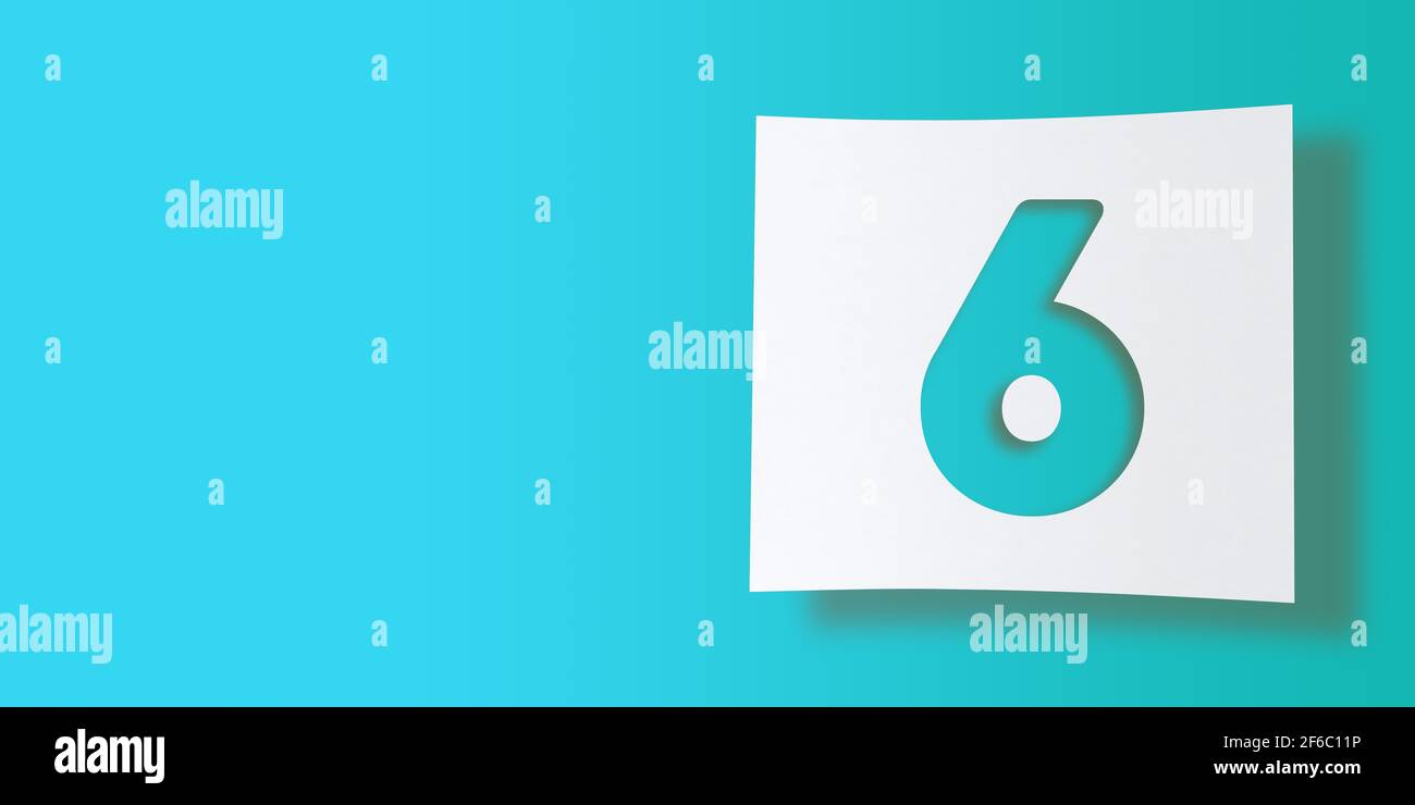 3D render numbers collection: No. 6, six, cut out on white square paper on turquoise background. Smooth drop shadow and large copy space. Illustration Stock Photo